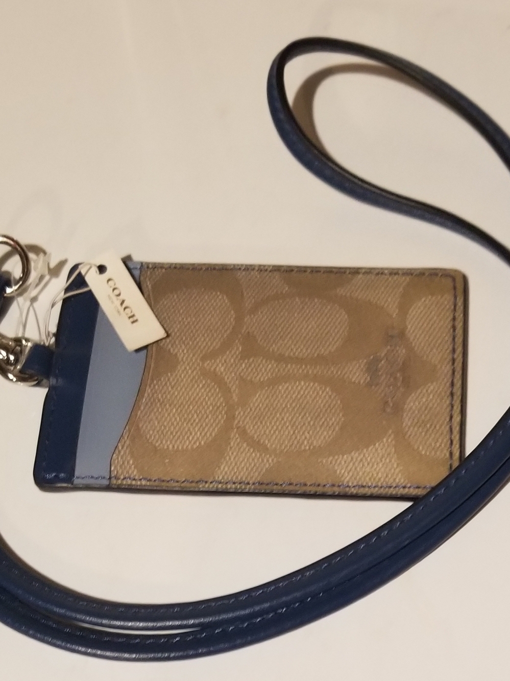 Coach Signature Canvas Cardholder Lanyard in Khaki and Navy
